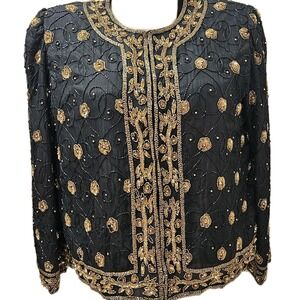VTG Mark & John by Gopal Silk Beaded Sequin Jacket Black Gold Floral Plus 2X